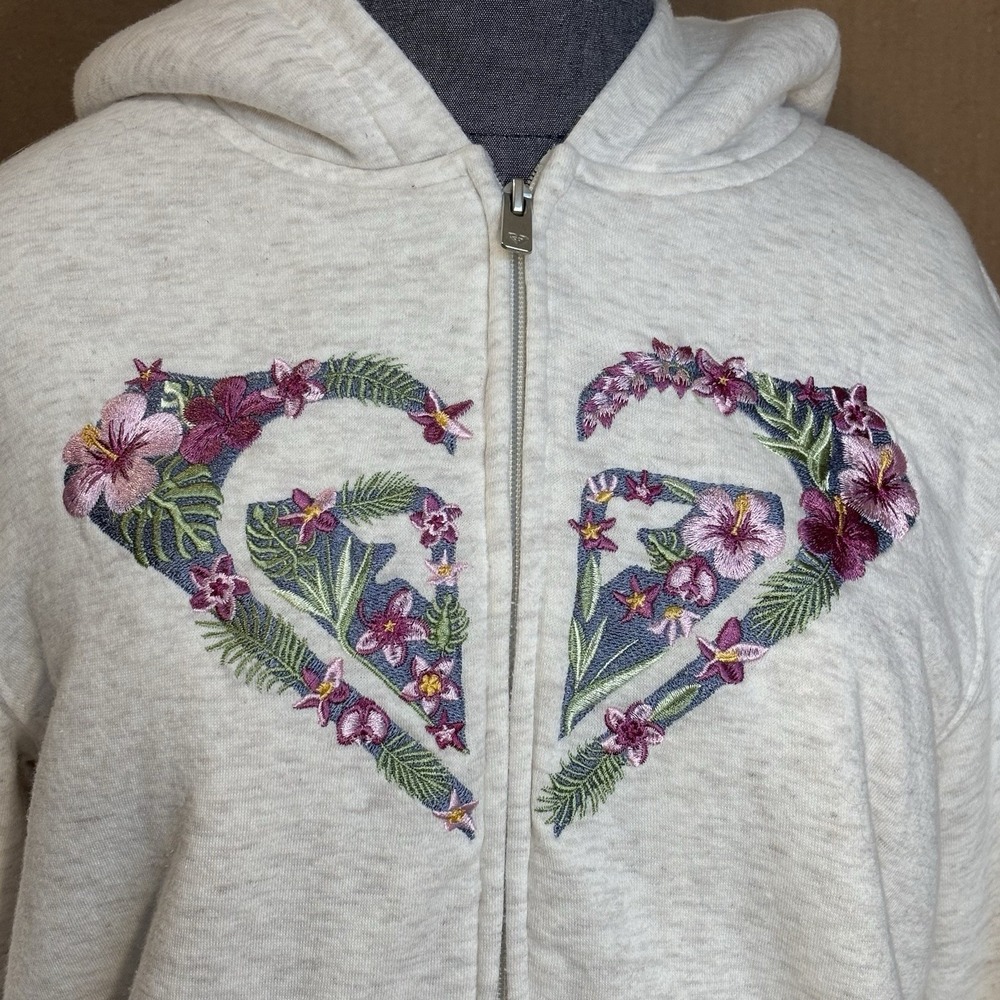ROXY Girl Embroidered Sherpa Hoodie Size Youth Large 14/16 Zip Surf Logo‎ Floral - Picture 2 of 8